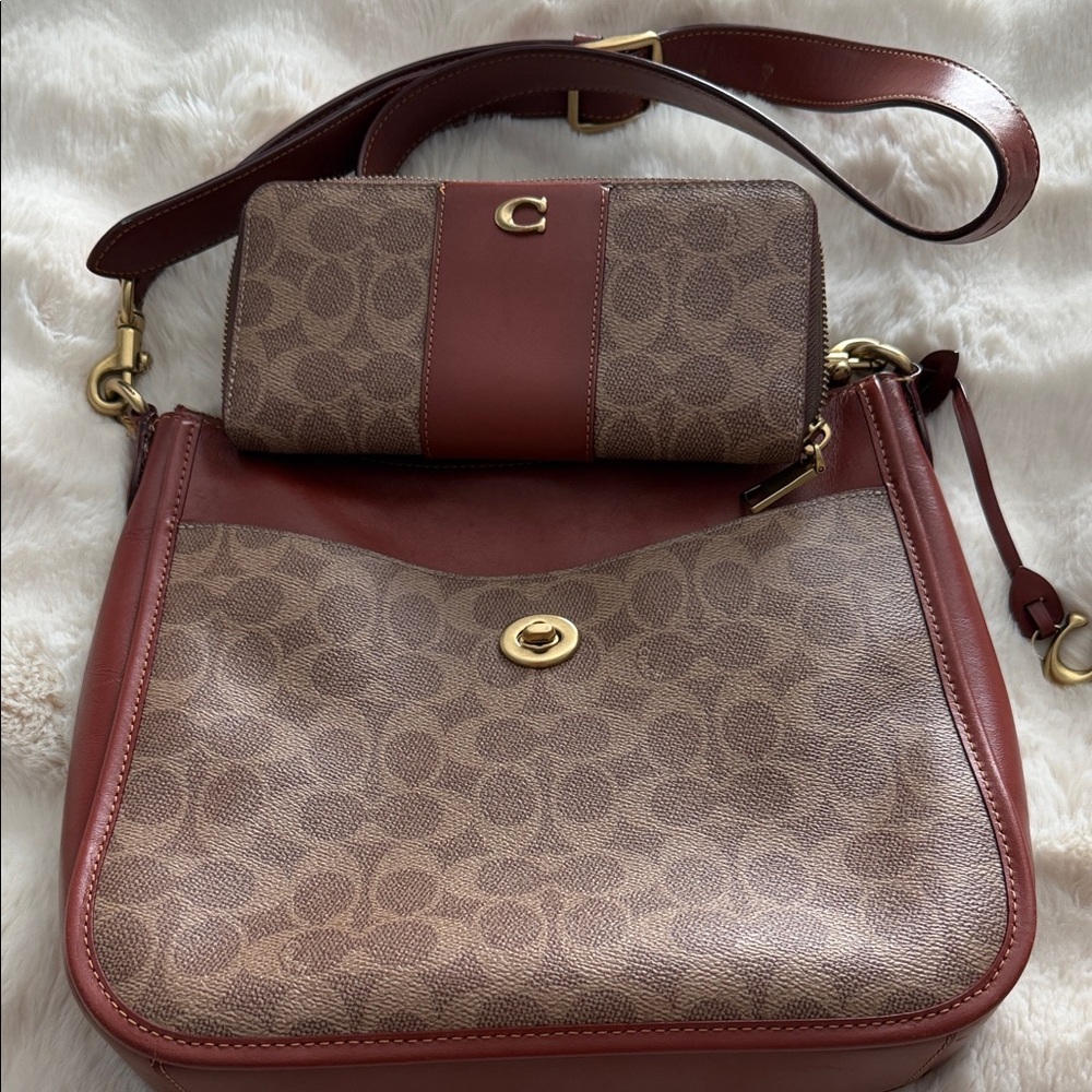 Coach Brown Signature Canvas Shoulder Bag with Burgundy Trim